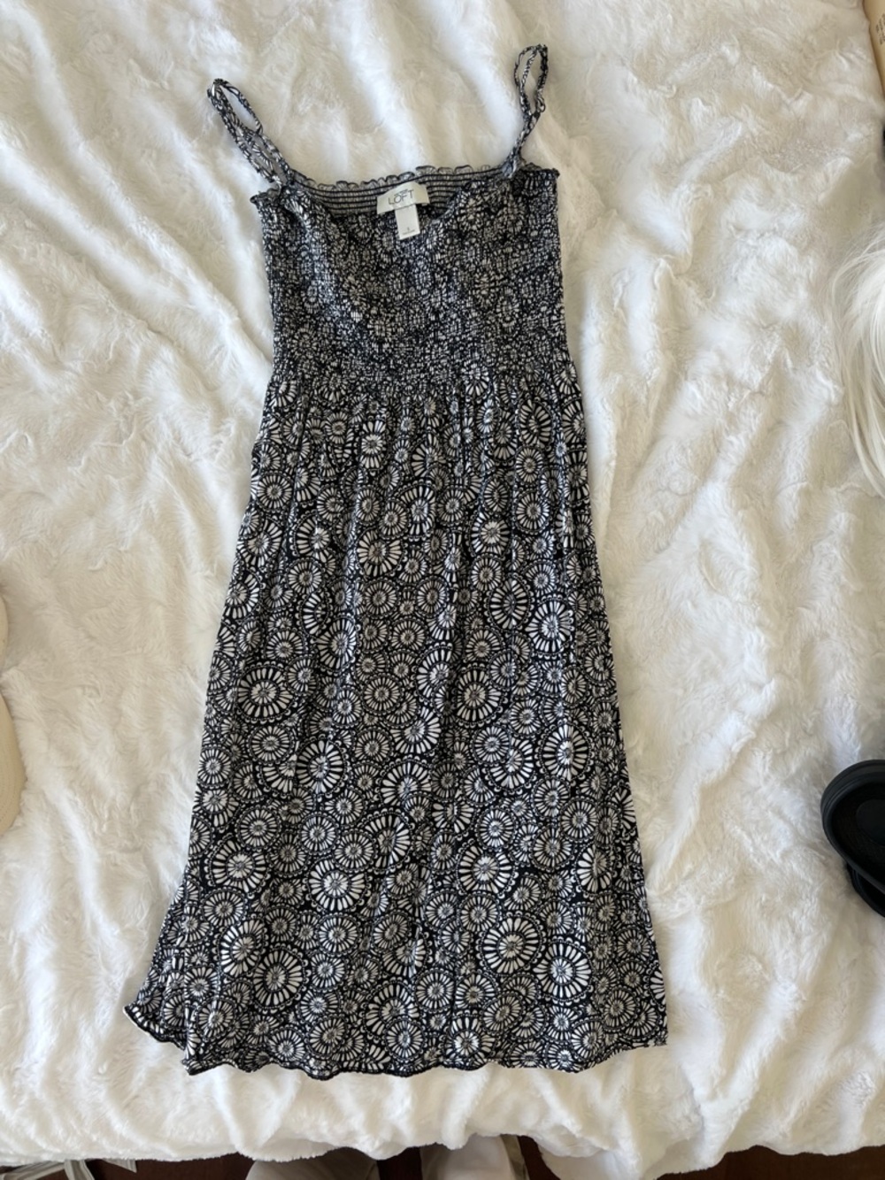 LOFT Black & White Floral Medallion Smocked Midi Dress
